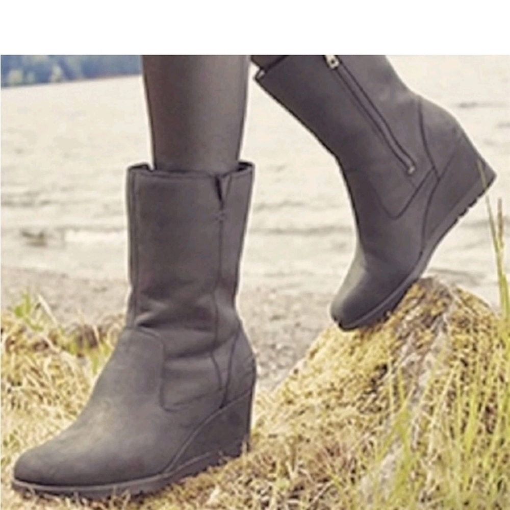 UGG Womens Joely Gray Leather Waterproof Wedge Boots Size 8.5 Fur Lined Warm
